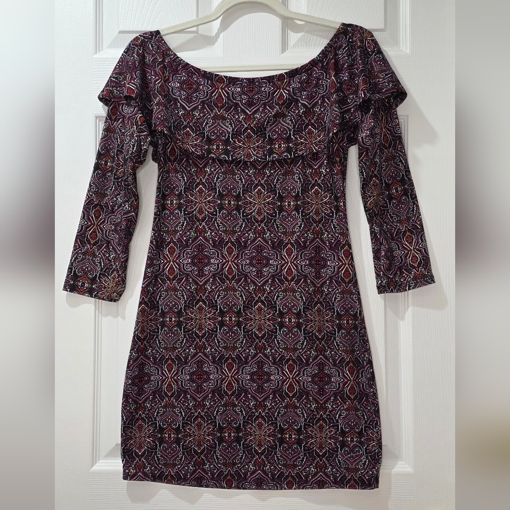 Vintage Off-the-Shoulder Paisley Purple Print Dress - Size M Boho-chic 70s - Picture 2 of 6